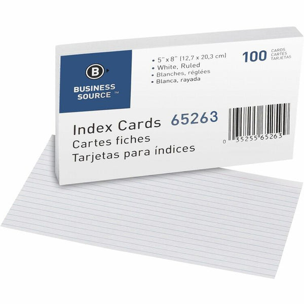 Business Source Index Cards, Ruled, 90lb., 5&quot; x 8&quot;, White (BSN65263) Pack of 100