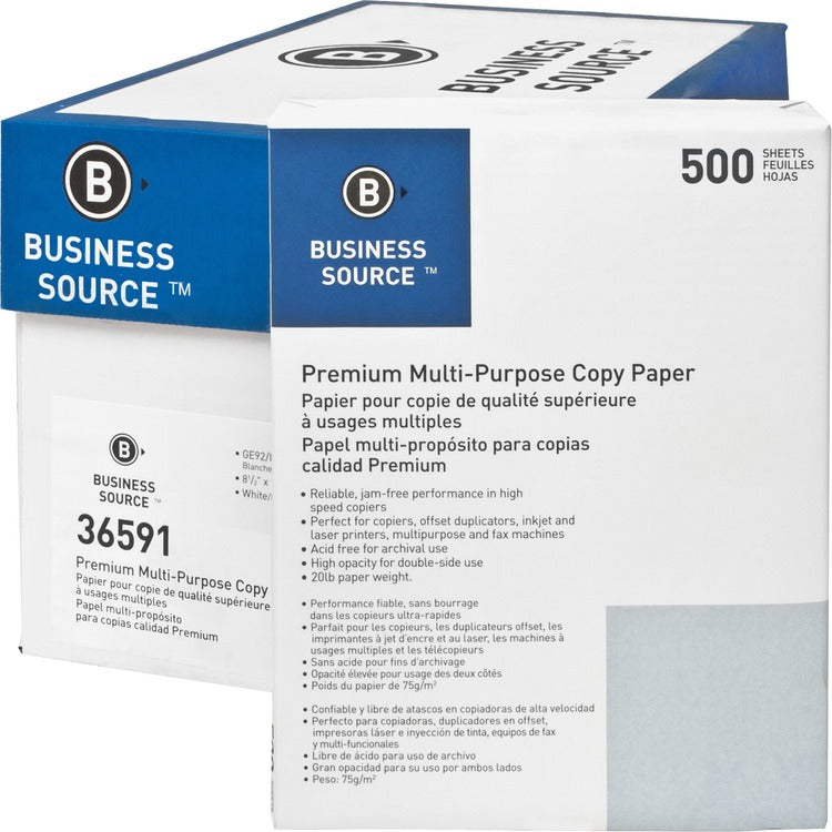 Business Source White Multipurpose Paper, 8 1/2 x 11 (Letter), 92 Bright, 20 lb, 500 Sheets Per Ream, Case of 10 Reams (BSN36591) 10 Reams