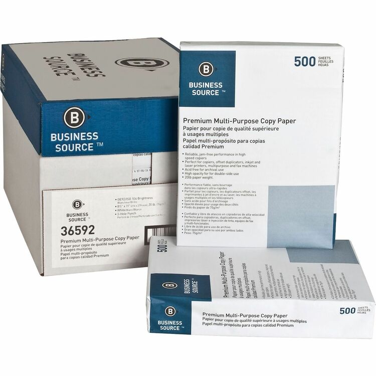 Business Source 3-Hole Punched Inkjet  Multipurpose Paper - White, 8 1/2 x 11 (Letter), 92 Bright, 20 lb, 500 Sheets Per Ream, Case of 10 Reams (BSN36592) 10 Reams