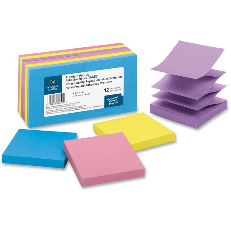 Business Source Adhesive Note Pads, Pop-up, 3&quot; x 3&quot;, 100 Sh, Extreme Assorted (BSN16450) Pack of 12