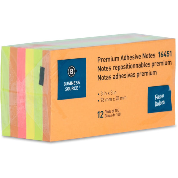 Business Source Adhesive Note Pads, 3&quot; x 3&quot;, 100 Sheets, Neon (BSN16451) Pack of 12