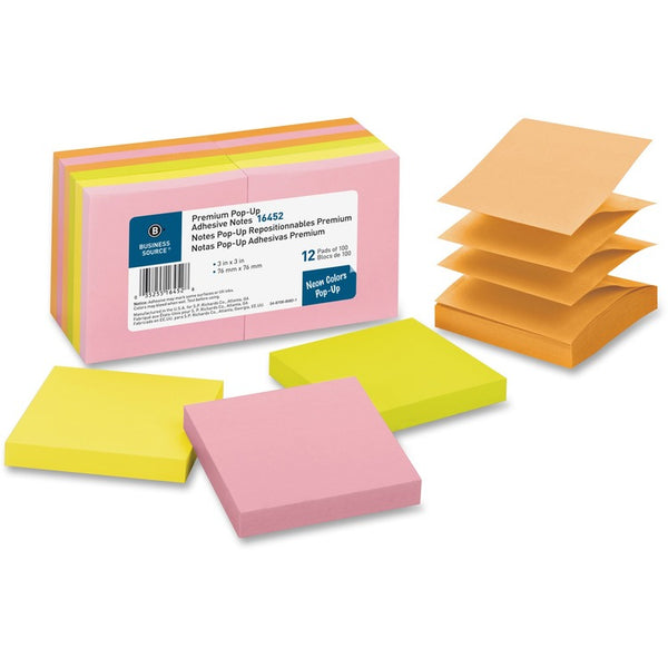 Business Source Adhesive Note Pads, Pop-up, 3&quot; x 3&quot;, 100 Sh, Neon Assorted (BSN16452) Pack of 12