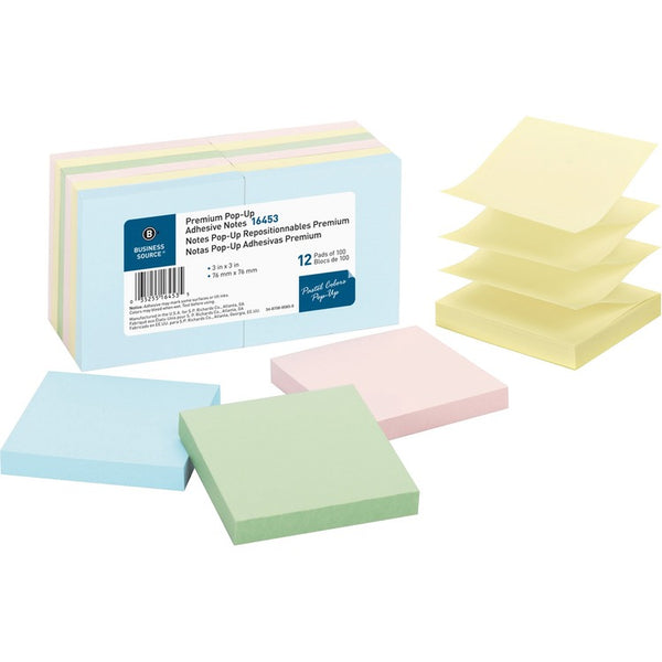 Business Source Adhesive Note Pads, Pop-up, 3&quot; x 3&quot;, 100 Sh, Pastel (BSN16453) Pack of 12