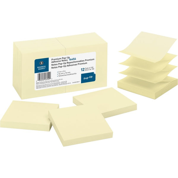 Business Source Adhesive Note Pads, Pop-up, 3&quot; x 3&quot;, 100 Sh, Yellow (BSN16454) Pack of 12