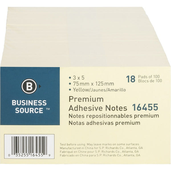 Business Source Adhesive Note Pads, Pop-up, 3&quot; x 5&quot;, 100 Sheets, 18 Pack, Yellow (BSN16455) Pack of 18