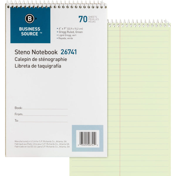 Business Source Steno Notebook, Greg Ruled, 6&quot; x 9&quot;, 70 Sheets, Green Paper (BSN26741) Each