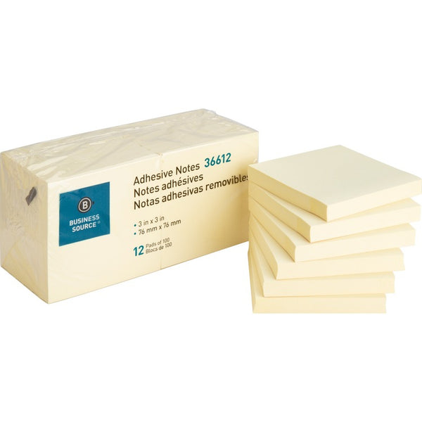 Business Source Adhesive Notes, 100 Sheets, 3&quot; x 3&quot;, Yellow (BSN36612) Pack of 12