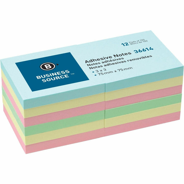 Business Source Repositionable Notes, 3&quot; x 3&quot;, 12 PD Pack, Assorted (BSN36614) Pack of 12