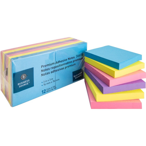 Business Source Adhesive Notes, 100 Sheets, 3&quot; x 3&quot;, Assorted Extreme (BSN36615) Pack of 12