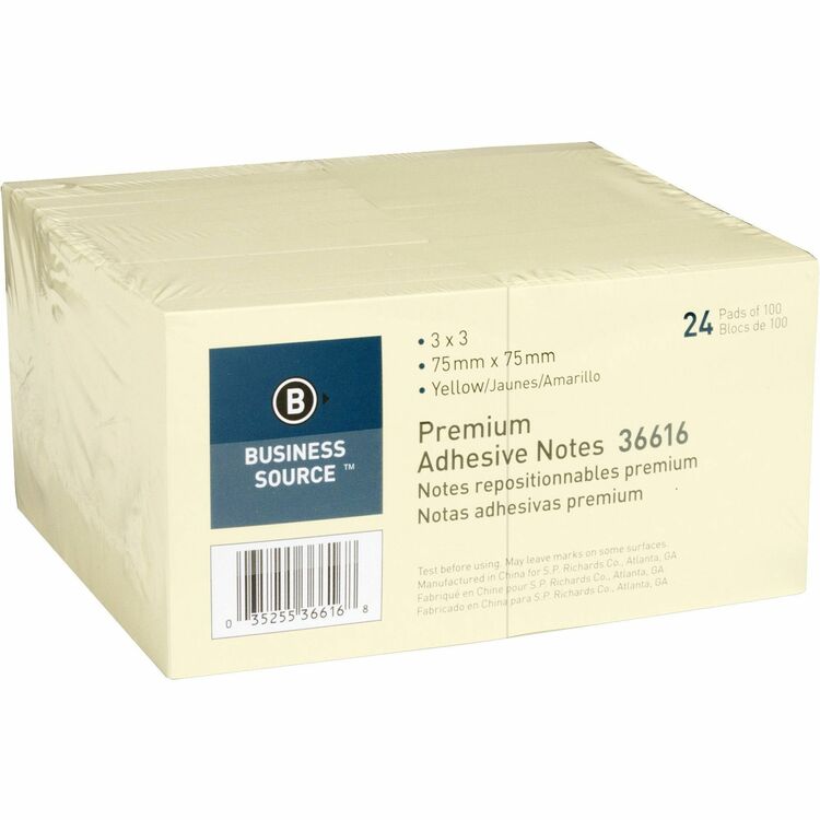 Business Source Adhesive Notes, 100 Sheets, 3&quot; x 3&quot;, 24 Pack, Yellow (BSN36616) Pack of 24