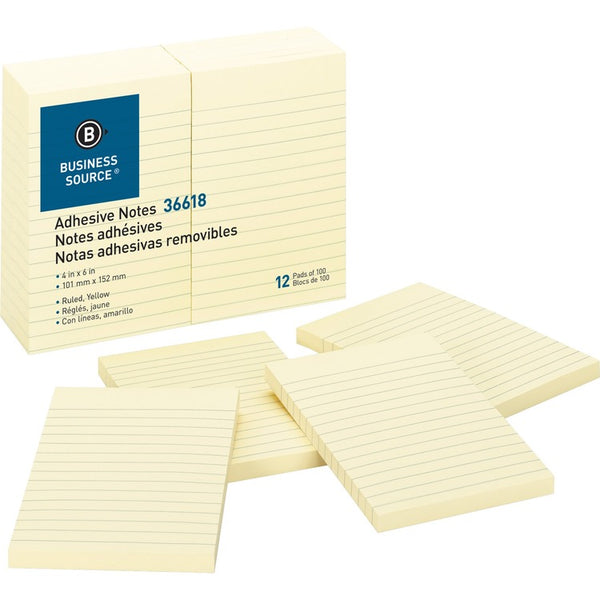 Business Source Adhesive Notes, Ruled, 4&quot; x 6&quot;, Yellow (BSN36618) Pack of 12