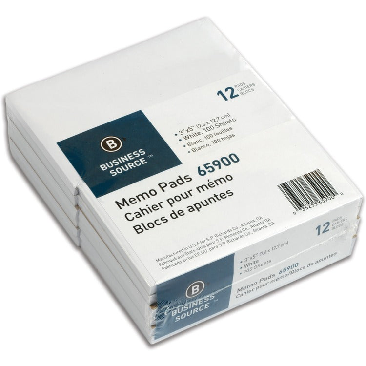 Business Source Memo Pad, Unruled, 15lb., 3&quot; x 5&quot;, 100 Sheets, White (BSN65900) Carton of 12