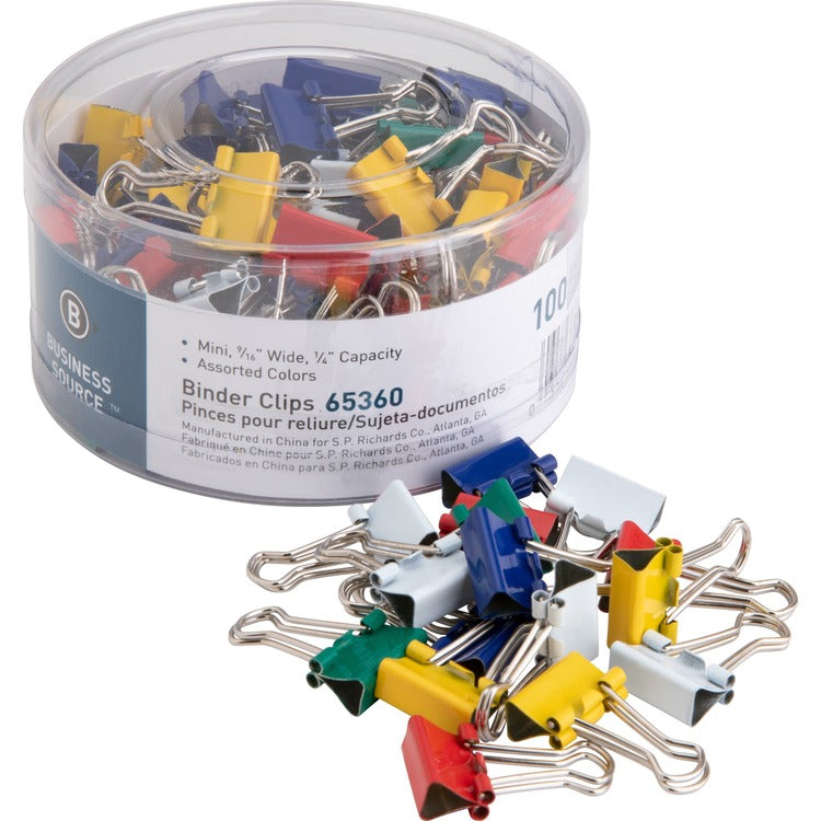 Business Source Binder Clips, Mini, 9/16&quot;W, 1/4&quot; Capacity, Assorted (BSN65360) Pack of 100