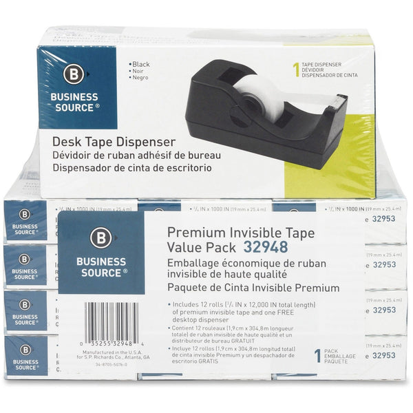 Business Source Tape, w/ Dispenser, 3/4&quot; x 1000&quot;, 12 Rolls/1 Black Dispenser (BSN32948) Pack of 12