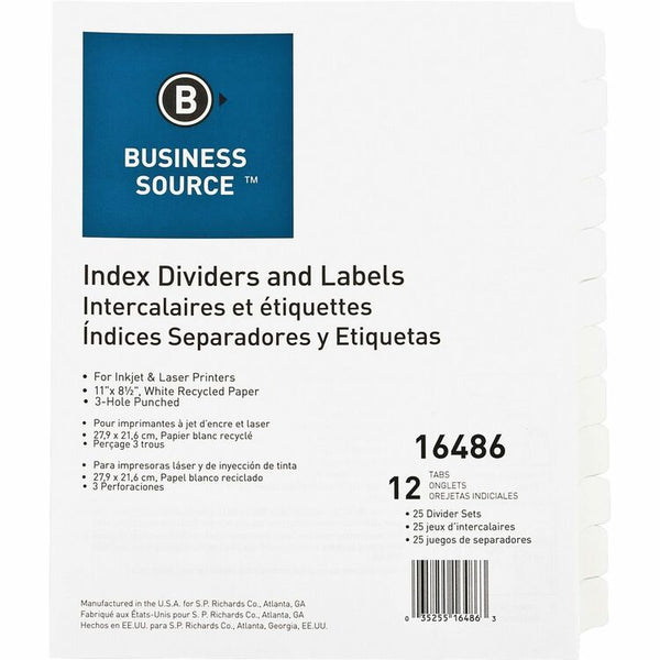 Business Source 12-Tab Indexed Sheet Dividers, White (BSN16486) Pack of 25