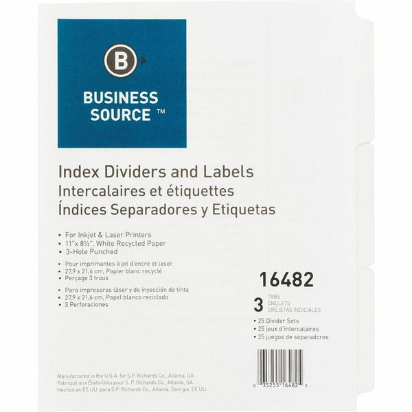 Business Source 3-Tab Indexed Sheet Dividers, White (BSN16482) Pack of 25