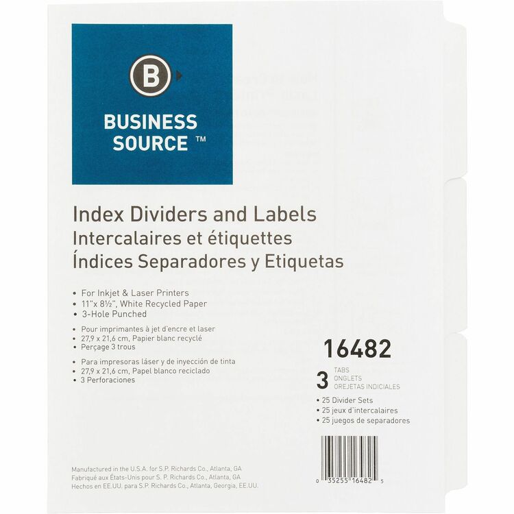Business Source 3-Tab Indexed Sheet Dividers, White (BSN16482) Pack of 25