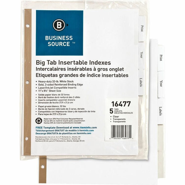Business Source 5-Tab Index Tabs, White (BSN16477) Each