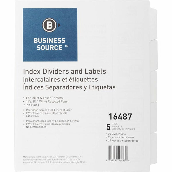 Business Source 5-Tab Indexed Sheet Dividers, White (BSN16487) Pack of 25