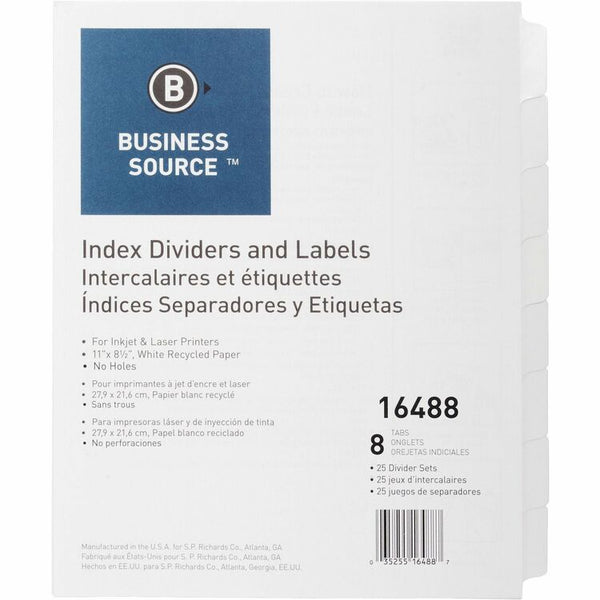 Business Source 8-Tab Indexed Sheet Dividers, White (BSN16488) Pack of 25