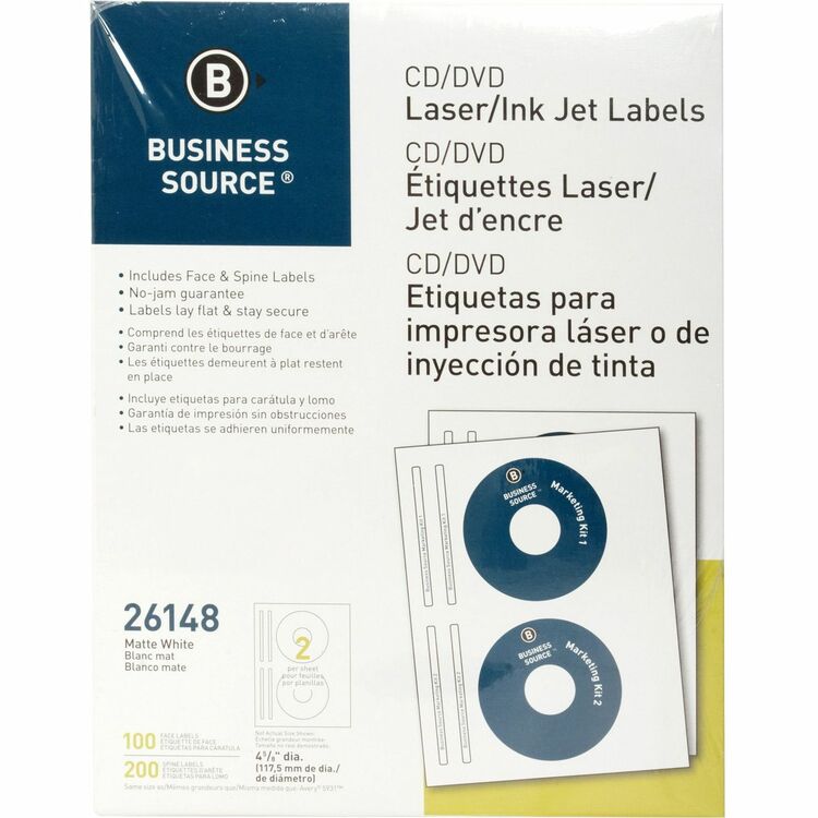 Business Source Label, CD/DVID, Laser/Inkjet, White (BSN26148) Pack of 100