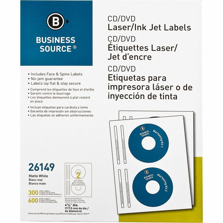 Business Source Label, CD/DVID, Laser/inkjet, 300 Pack, White (BSN26149) Pack of 300