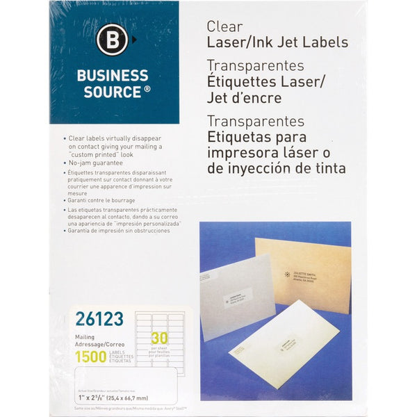 Business Source Label, Mailing, Laser, 1&quot; x 2-3/4&quot;, Clear (BSN26123) Pack of 1500
