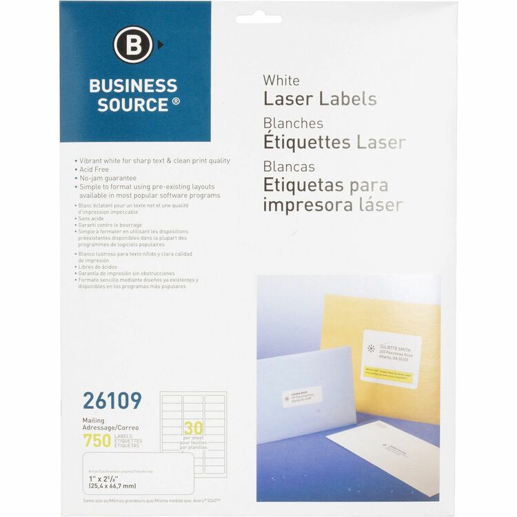Business Source Label, Mailing, Laser, 1&quot; x 2-5/8&quot;, White (BSN26109) Pack of 750