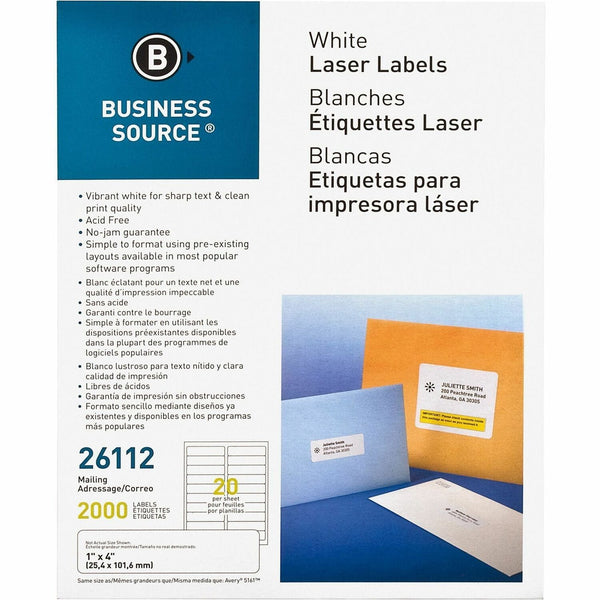 Business Source Label, Mailing, Laser, 1&quot; x 4&quot;, 2000 Pack, White (BSN26112) Pack of 2000