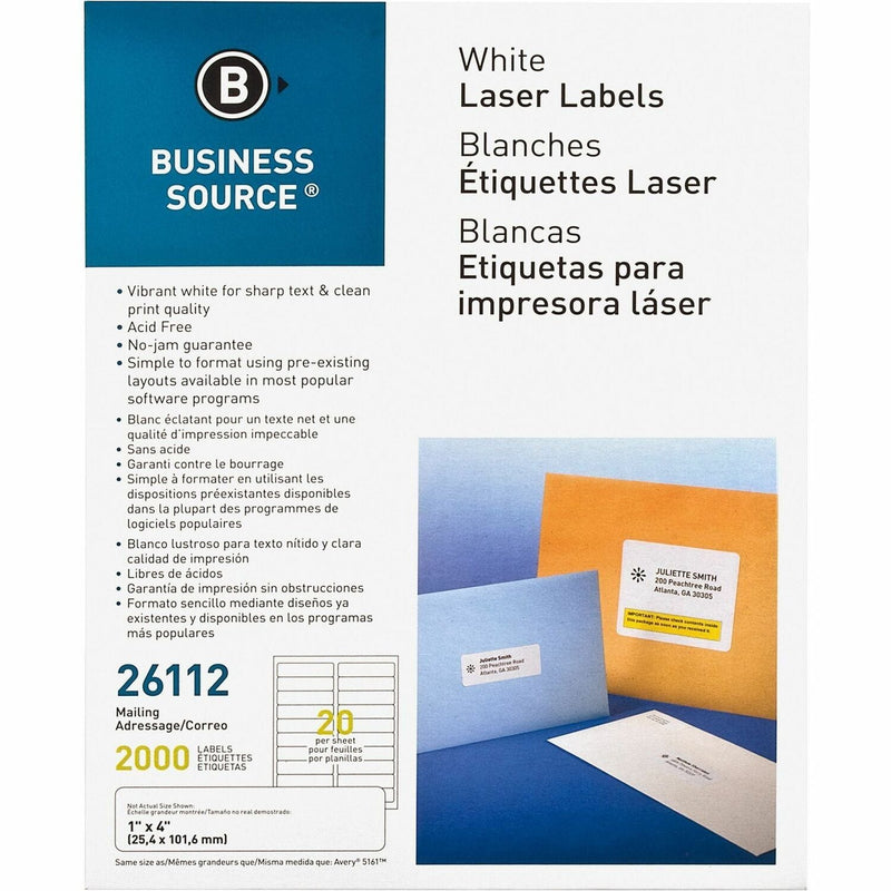 Business Source Label, Mailing, Laser, 1&quot; x 4&quot;, 2000 Pack, White (BSN26112) Pack of 2000