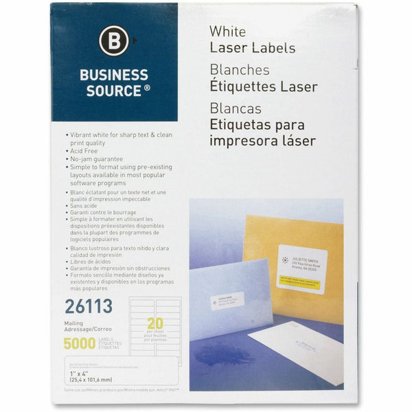 Business Source Label, Mailing, Laser, 1&quot; x 4&quot;, 5000 Pack, White (BSN26113) Pack of 5000
