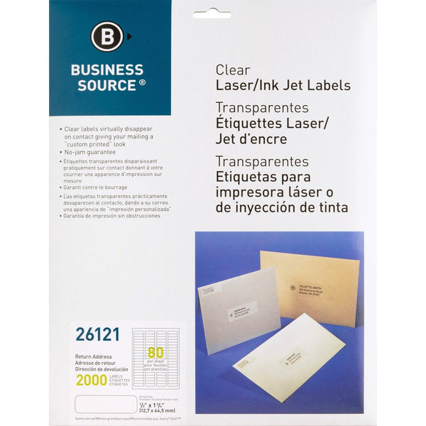 Business Source Label, Mailing, Laser, 1/2&quot; x 1-3/4&quot;, 2000 Pack, Clear (BSN26121) Pack of 2000