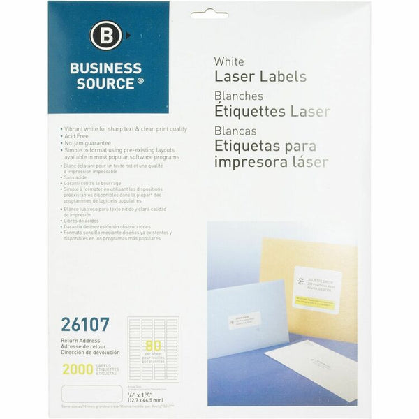 Business Source Label, Mailing, Laser, 1/2&quot; x 1-3/4&quot;, 2000 Pack, White (BSN26107) Pack of 2000