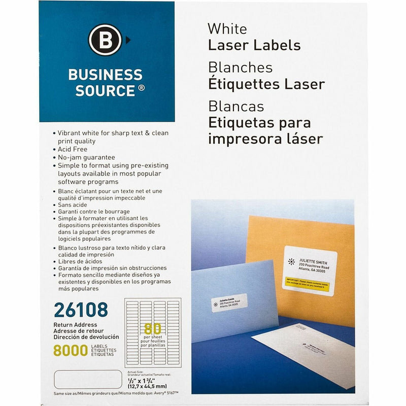 Business Source Label, Mailing, Laser, 1/2&quot; x 1-3/4&quot;, 8000 Pack, White (BSN26108) Pack of 8000