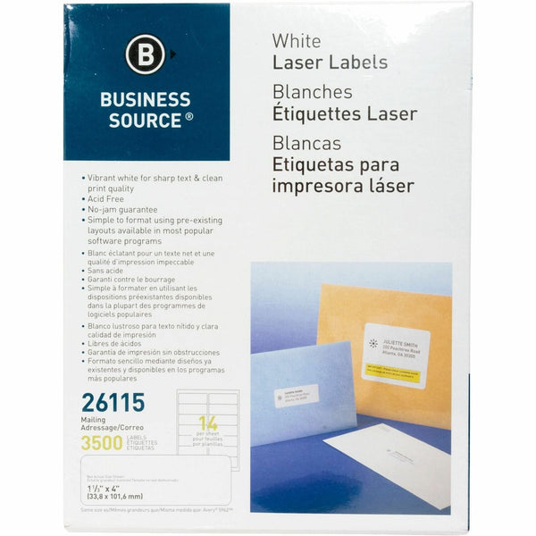 Business Source Label, Mailing, Laser, 1-1/3&quot; x 4&quot;, 3500 Pack, White (BSN26115) Pack of 3500