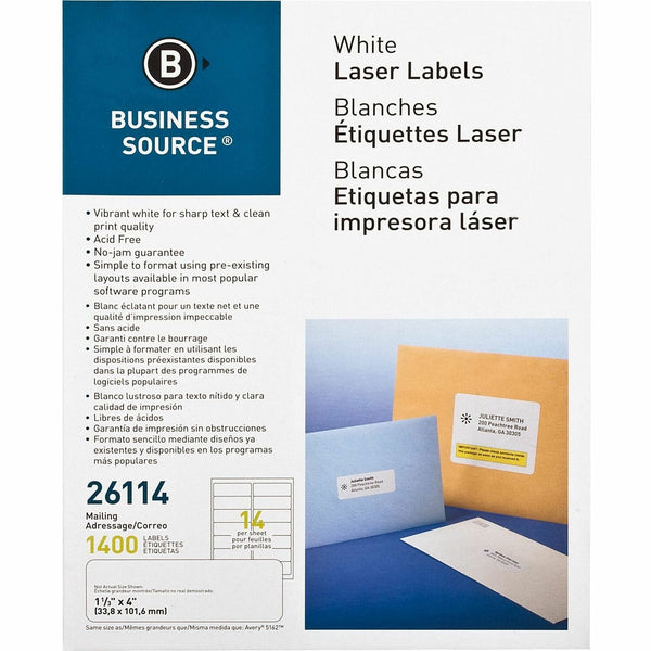 Business Source Label, Mailing, Laser, 1-1/3x4&quot;, 1White (BSN26114) Pack of 1400