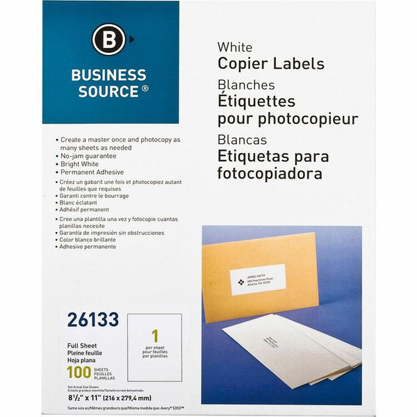 Business Source Labels, Mailing, copier, 8-1/2&quot; x 11&quot;, White (BSN26133) Pack of 100