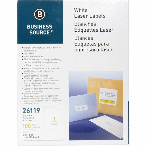 Business Source Labels, Mailing, Laser 8-1/2&quot; x 11&quot;, White (BSN26119) Pack of 100