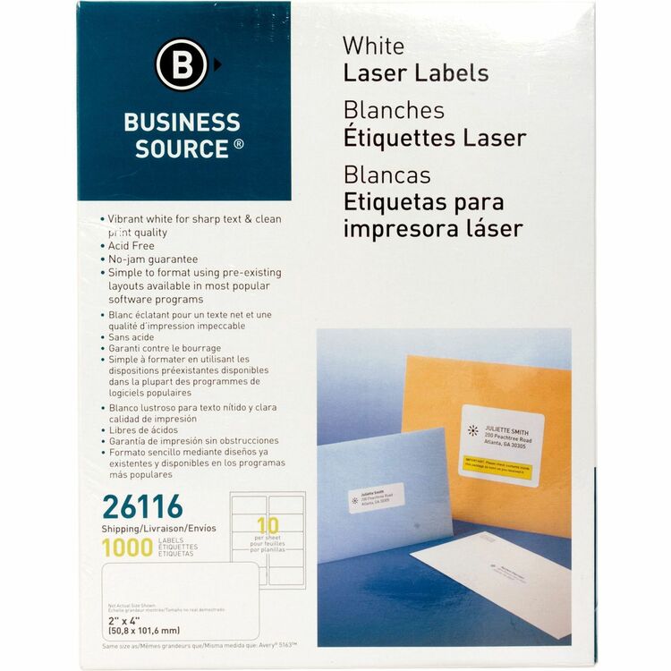 Business Source Labels, Mailing, Laser, 2&quot; x 4&quot;, White (BSN26116) Pack of 1000