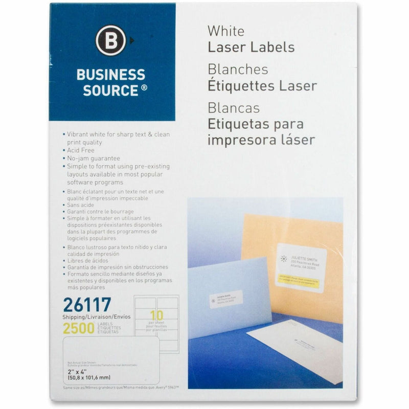 Business Source Labels, Mailing, Laser, 2&quot; x 4&quot;, 2500 Pack, White (BSN26117) Pack of 2500
