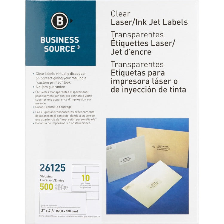 Business Source Labels, Mailing, Laser, 2&quot; x 4&quot;, 500 Pack, Clear (BSN26125) Pack of 500