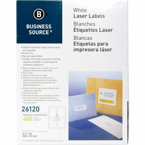 Business Source Labels, Mailing, Laser, 3-1/2&quot; x 5&quot;, White (BSN26120) Pack of 400