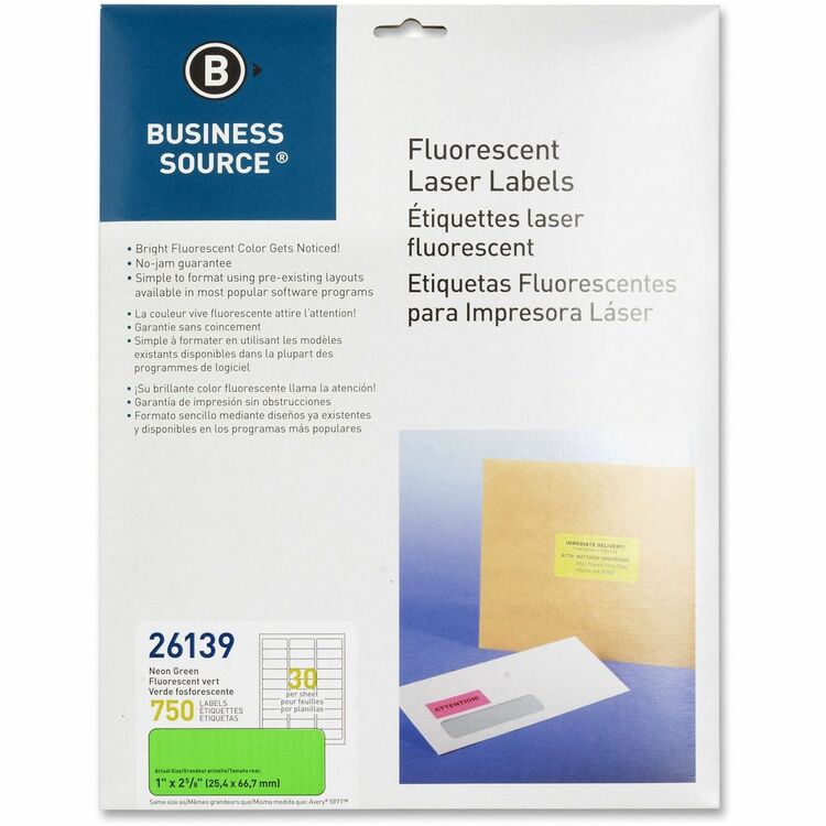 Business Source Laser Labels, Fluorescent, 1&quot; x 2-5/8&quot;, Neon Green (BSN26139) Pack of 750