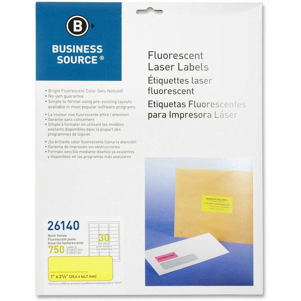 Business Source Laser Labels, Fluorescent, 1&quot; x 2-5/8&quot;, Neon Yellow (BSN26140) Pack of 750