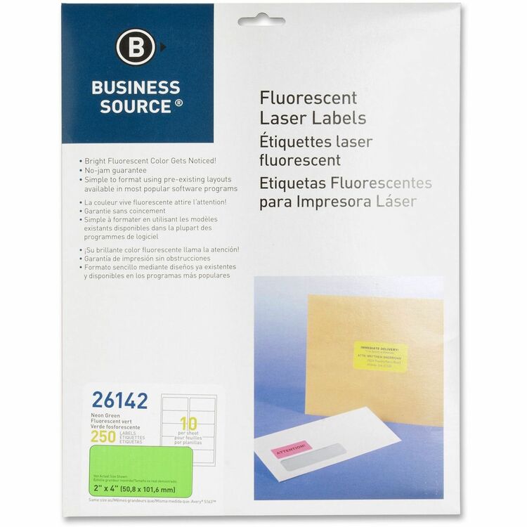 Business Source Laser Labels, Fluorescent, 2&quot; x 4&quot;, 250 Pack, Neon Green (BSN26142) Pack of 250