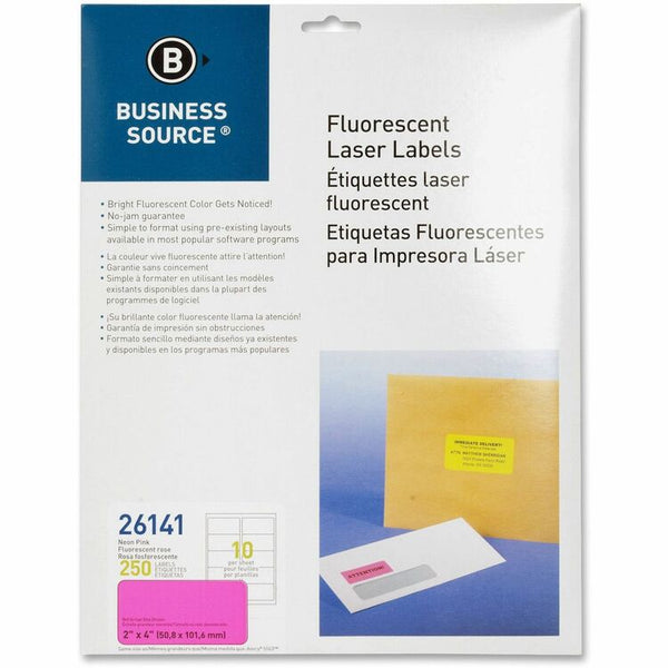 Business Source Laser Labels, Fluorescent, 2&quot; x 4&quot;, 250 Pack, Neon Pink (BSN26141) Pack of 250