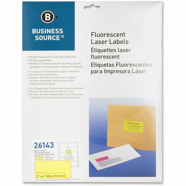 Business Source Laser Labels, Fluorescent, 2" x 4", 250 Pack, Neon Yellow (BSN26143) Pack of 250
