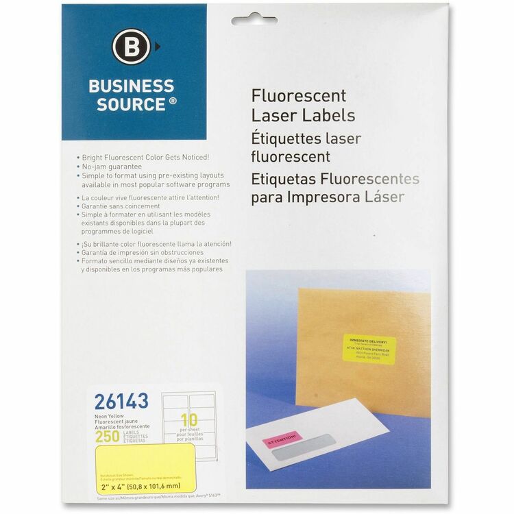 Business Source Laser Labels, Fluorescent, 2" x 4", 250 Pack, Neon Yellow (BSN26143) Pack of 250