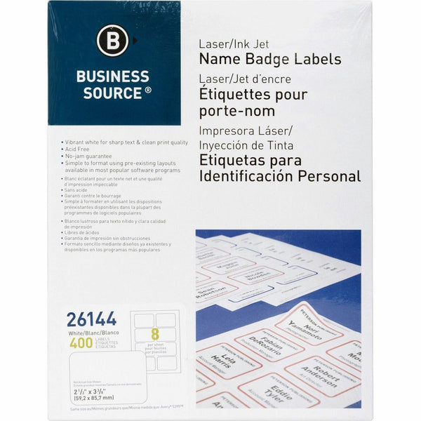 Business Source Name Badge, Laser, 2-1/3&quot; x 3-3/8&quot;, White (BSN26144) Pack of 400