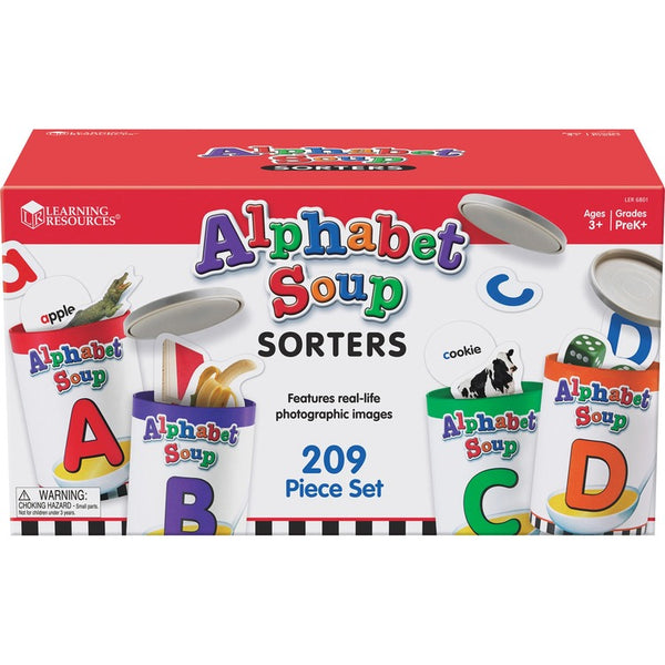 Learning Resources Alphabet Soup Sorters, 26 Cardboard cans w/Lids, 130 Photo Cards, 52 Letters (LRNLER6801) Each